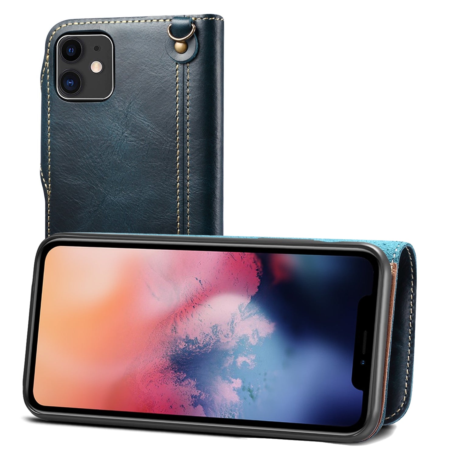 iPhone 13/12 Min/11/7/8 Plus/Xs Max Series Genuine Leathe Multi Functional Card Insertion Flip Wallet Holder Phone Case（Blue）