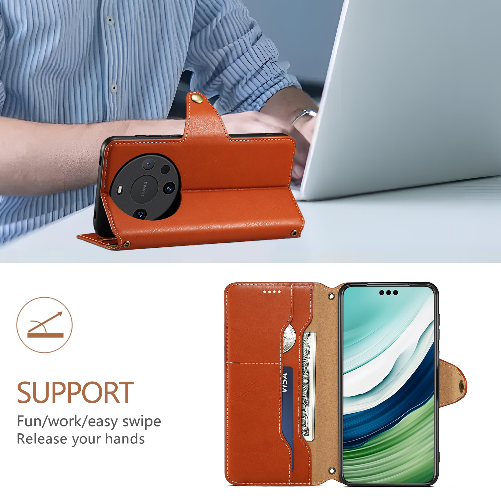 Huawei Simple PU Leather Flip Card Wallet Stand Phone Case（Brown）