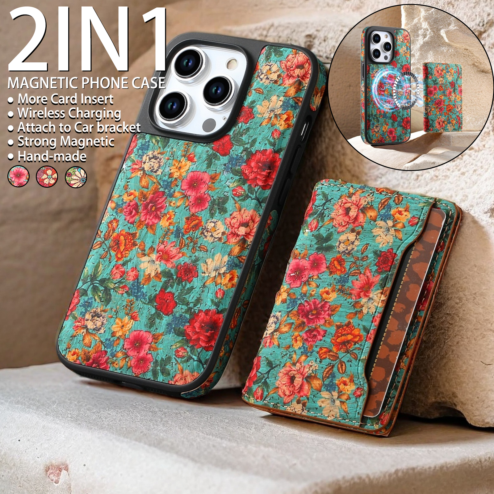 Wooden magnetic pluggable phone case & Card Bag（Blue)