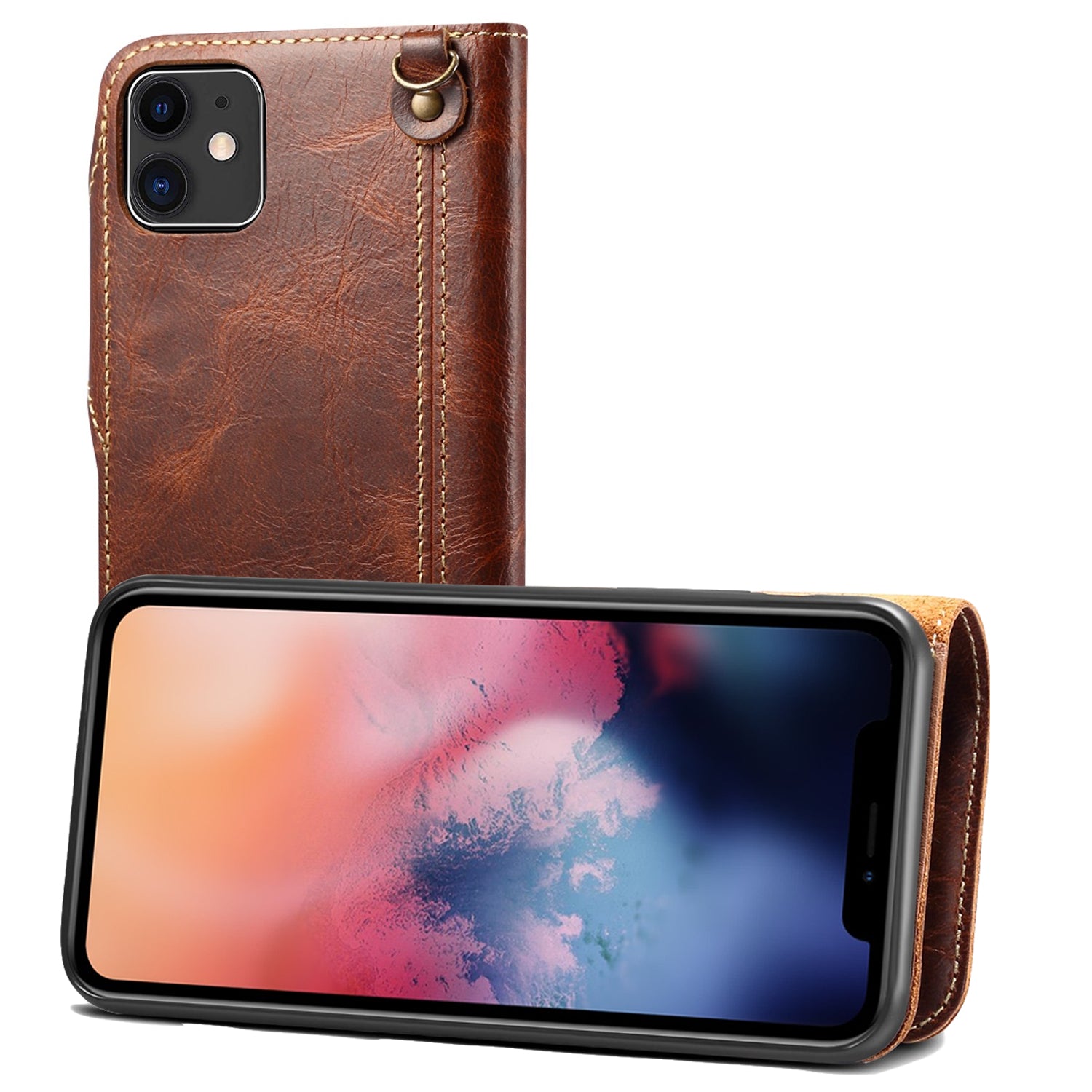 iPhone 13/12 Min/11/7/8 Plus/Xs Max Series Genuine Leathe Multi Functional Card Insertion Flip Wallet Holder Phone Case（Brown）