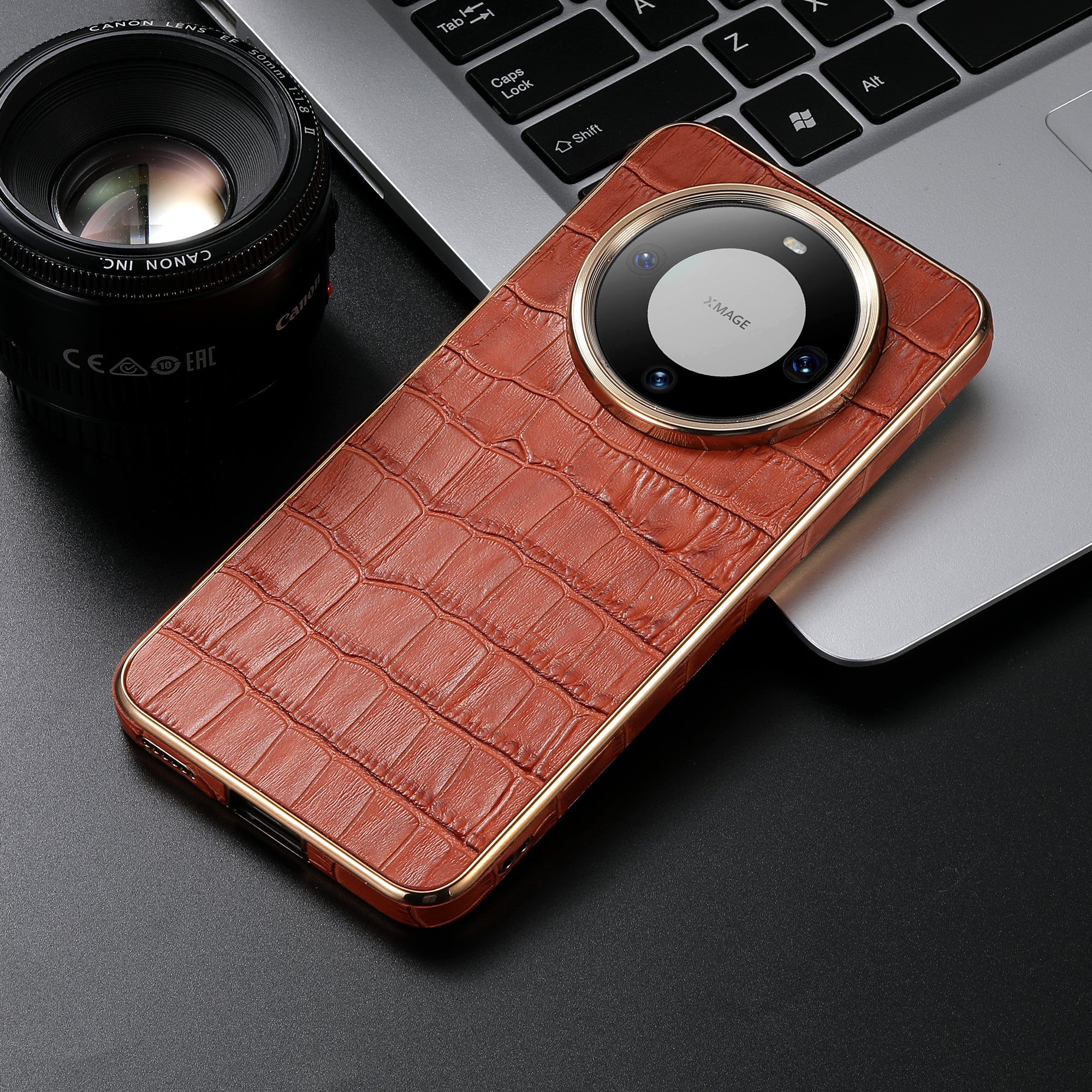 Huawei Series Top Layer Alligator Pattern Cowhide Electroplated Border Anti Drop Genuine Leather Phone Case（Brown）
