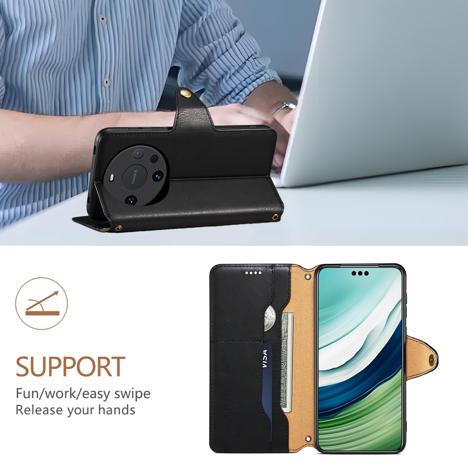 Huawei Simple PU Leather Flip Card Wallet Stand Phone Case（Black）