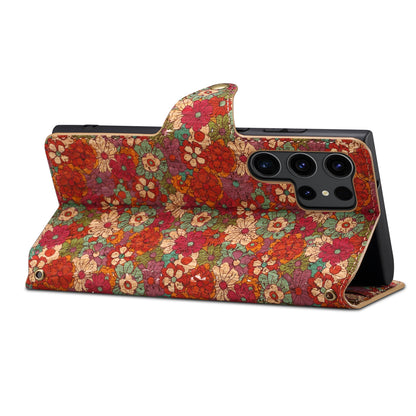 Cork Floral Button Wallet Stand Phone Case (For Samsung)
