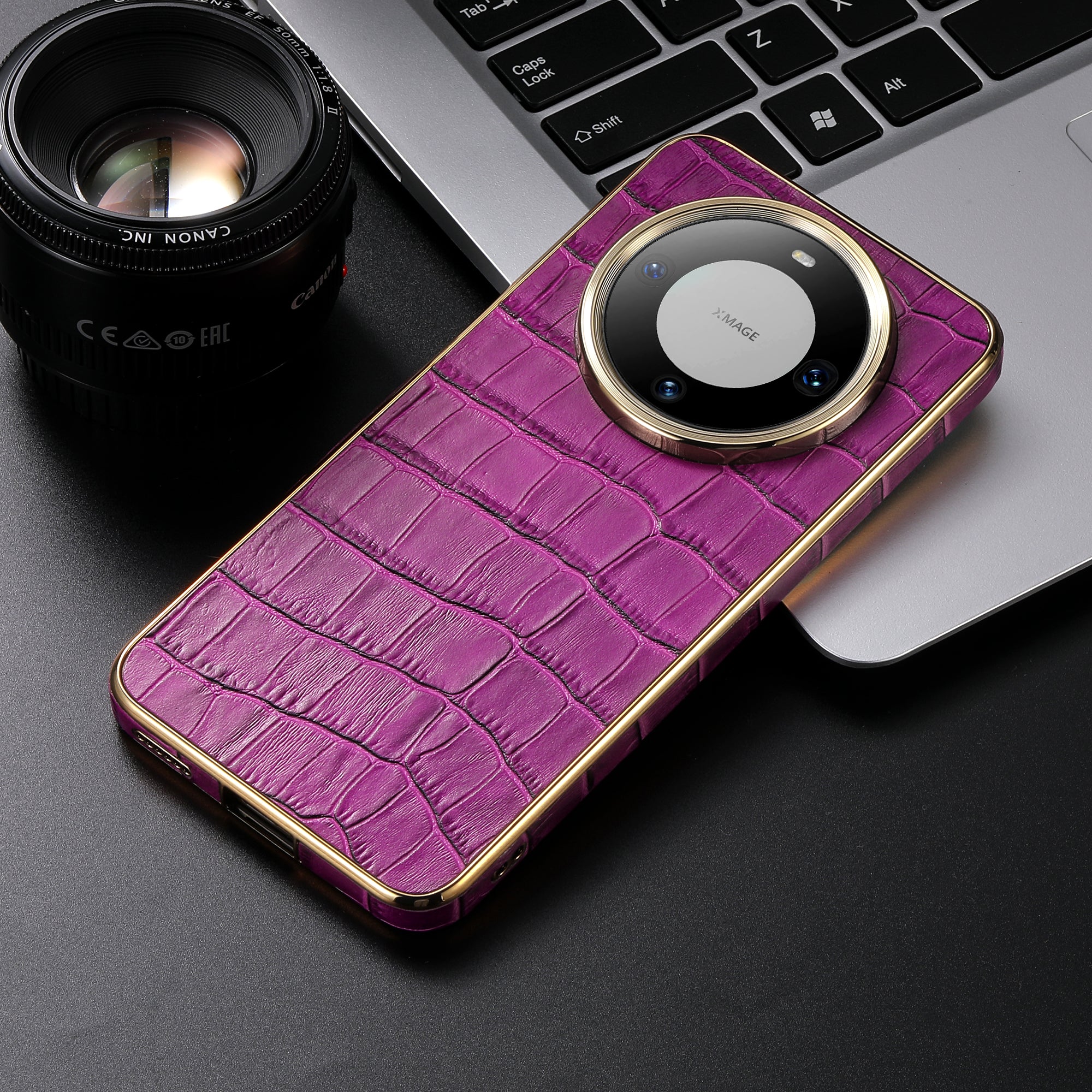 Huawei Series Top Layer Alligator Pattern Cowhide Electroplated Border Anti Drop Genuine Leather Phone Case（Purple）