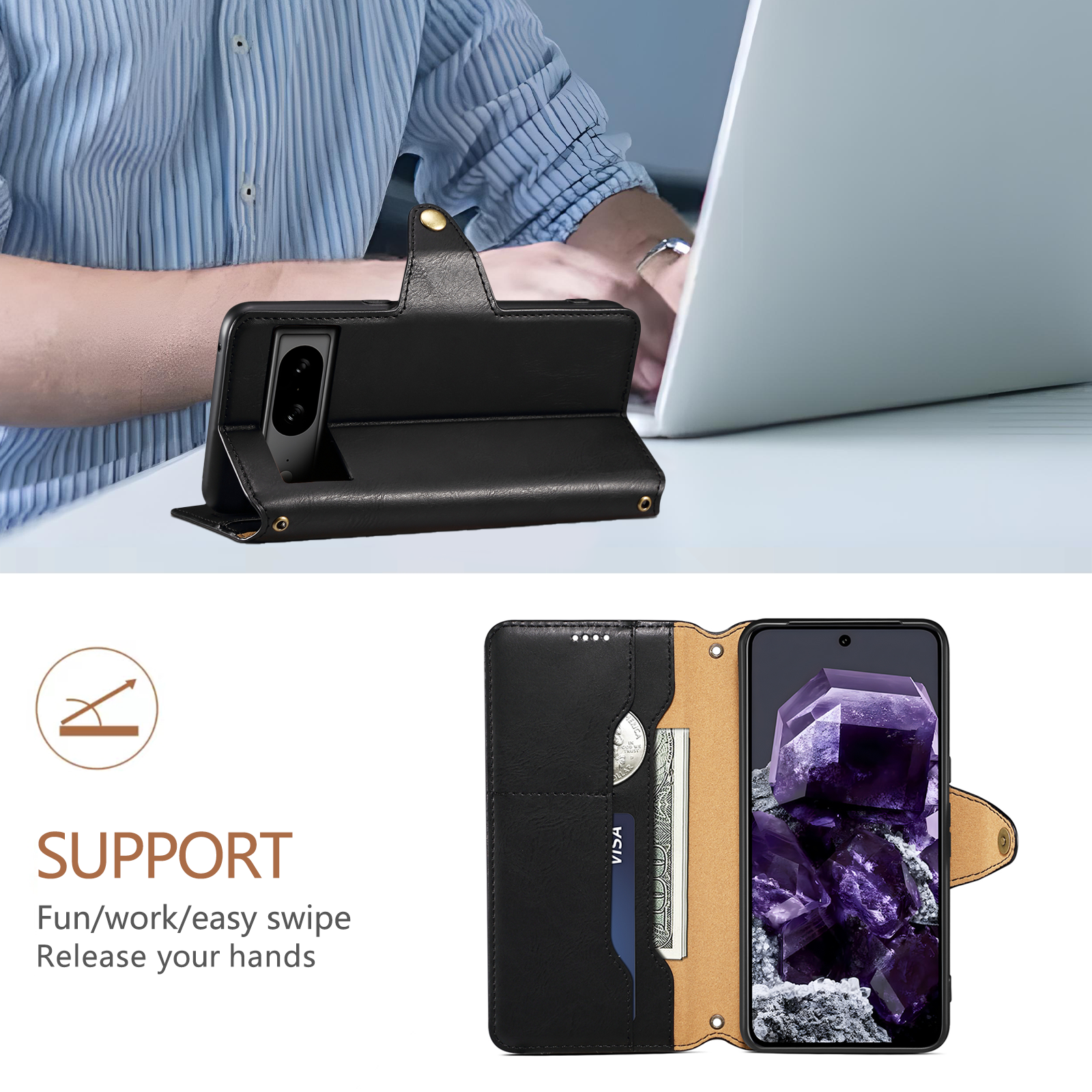 Google Simple PU Leather Flip Card Wallet Stand Phone Case（Black）