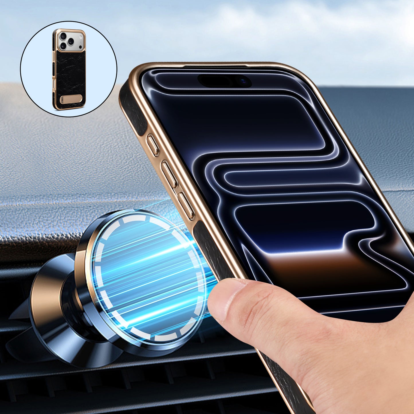 Genuine Leather In-line Stand Magnetic Electroplated Phone Case