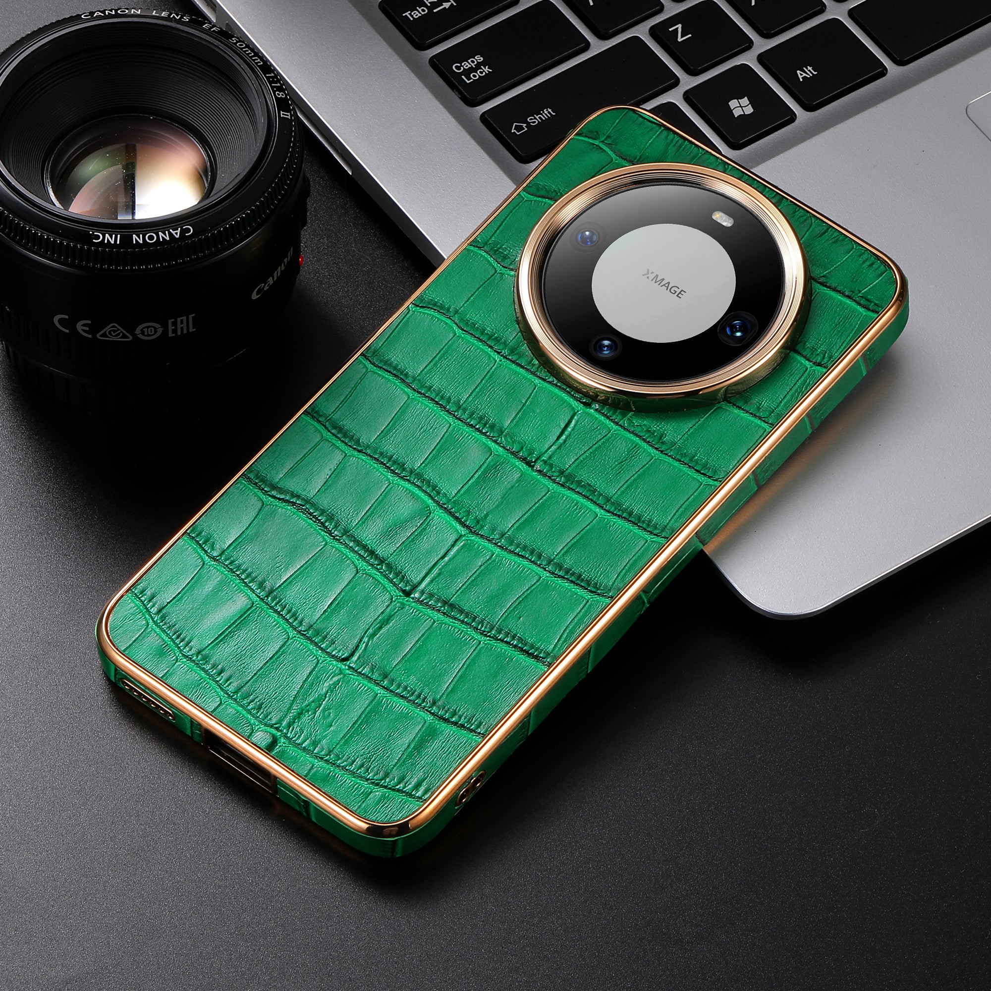 Huawei Series Top Layer Alligator Pattern Cowhide Electroplated Border Anti Drop Genuine Leather Phone Case（Green）