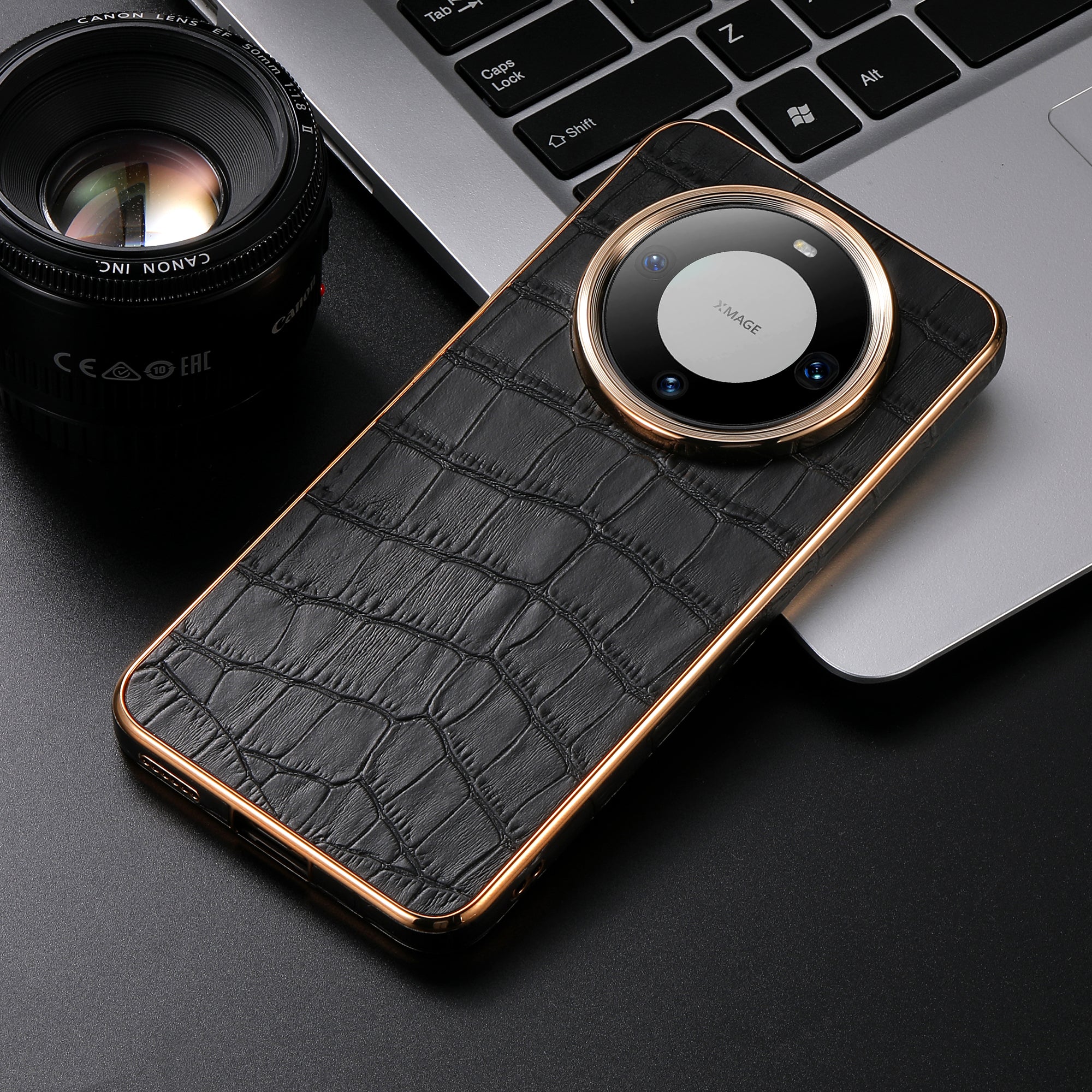 Huawei Series Top Layer Alligator Pattern Cowhide Electroplated Border Anti Drop Genuine Leather Phone Case（Black）