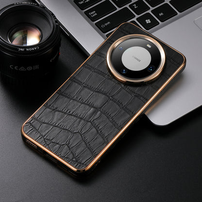 Huawei Series Top Layer Alligator Pattern Cowhide Electroplated Border Anti Drop Genuine Leather Phone Case（Black）