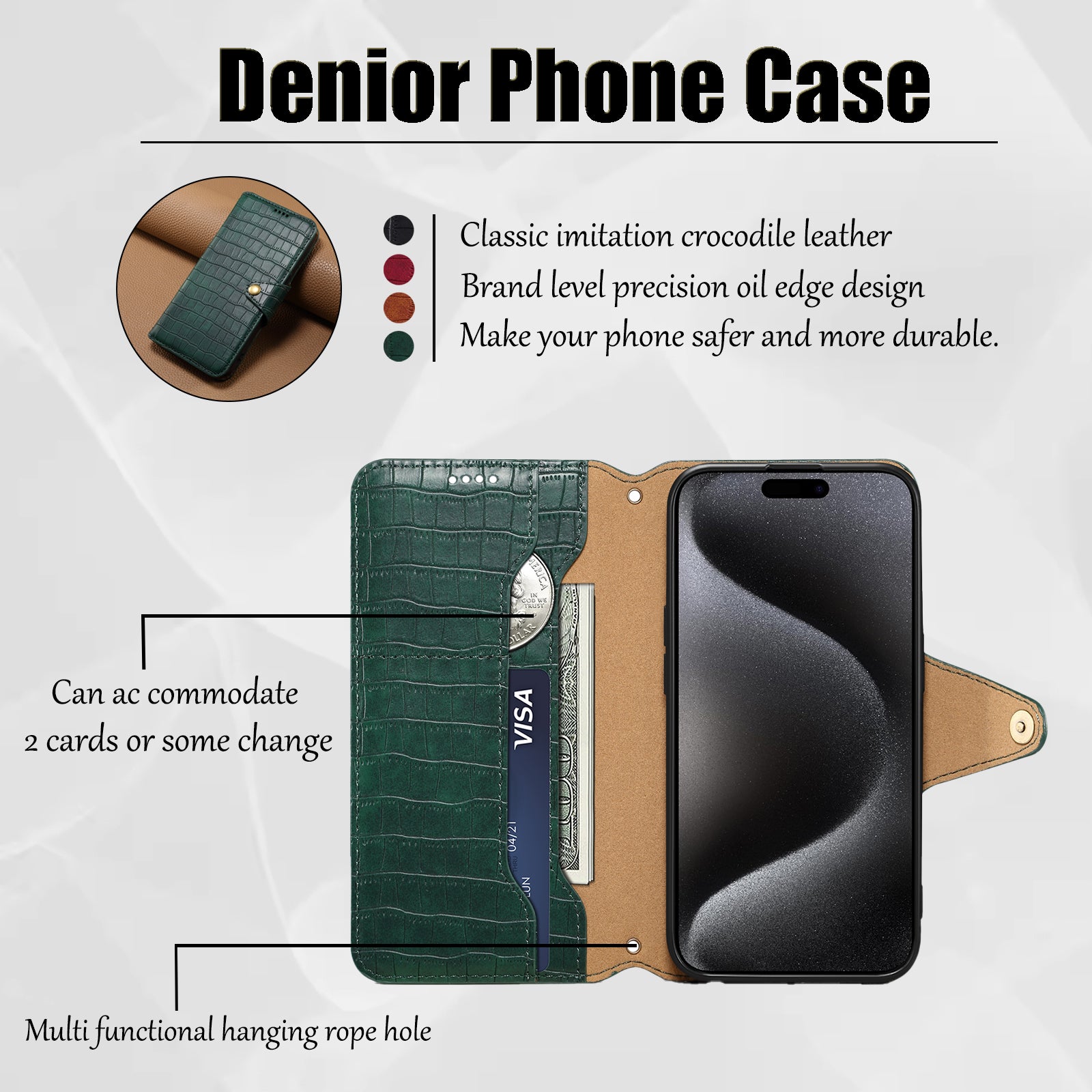Crocodile PU Leather iPhone Cover Wallet Phone Case（Green）