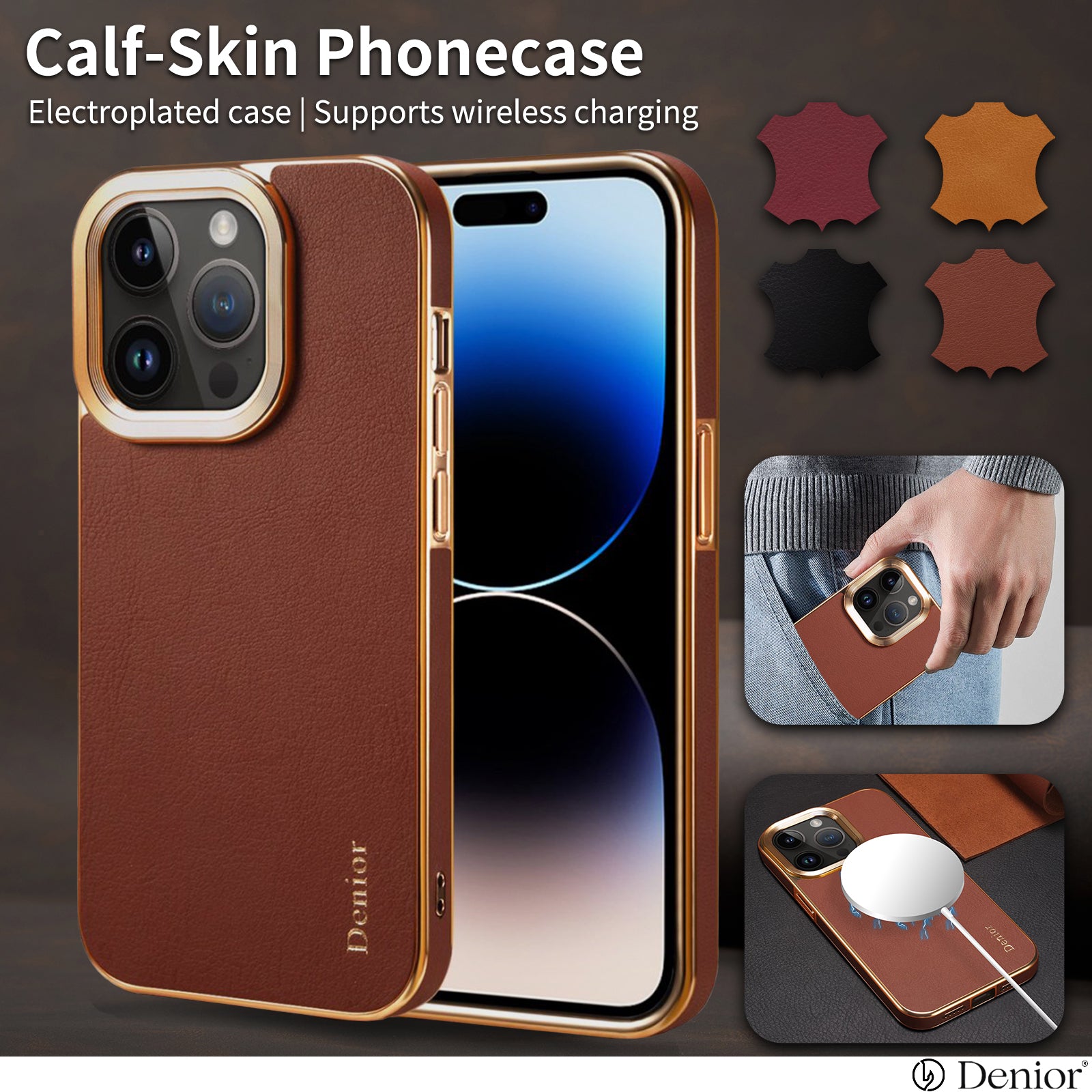 iPhone 15-12 Series Top Layer Cowhide Electroplated Border Anti Drop Genuine Leather Phone Case（Brown）