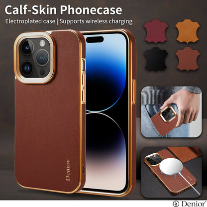 iPhone 15-12 Series Top Layer Cowhide Electroplated Border Anti Drop Genuine Leather Phone Case（Brown）