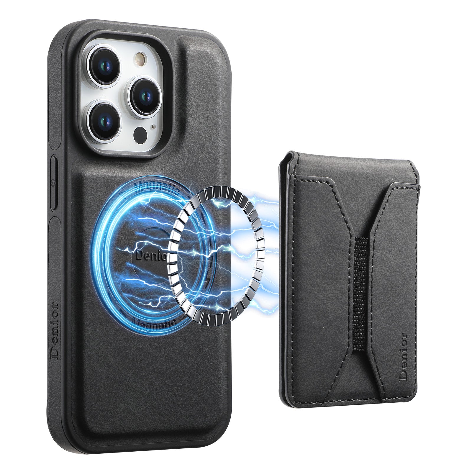 Skin-feeling Calfskin Magnetic Phone Case & Card Holder（Black）