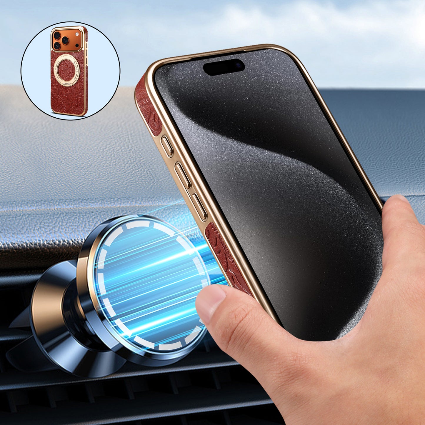 Genuine Leather Printed Gear Electroplated Phone Case