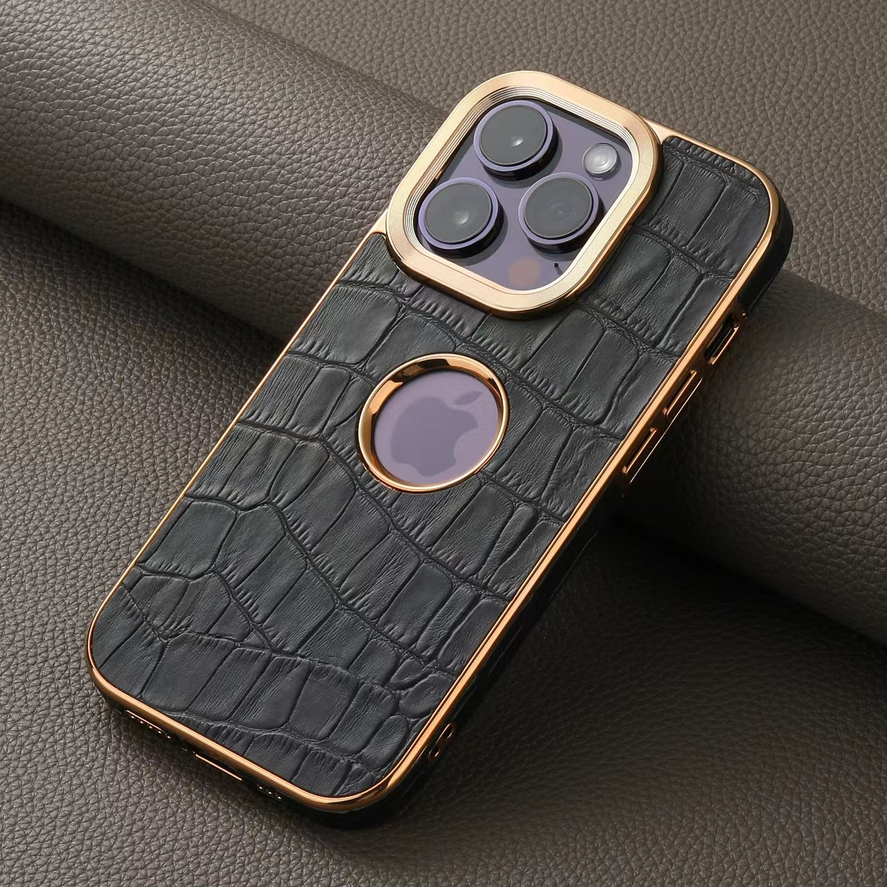 iPhone 15/14/13/12 Series Top Layer Alligator Pattern Cowhide Electroplated Border Anti Drop Genuine Leather Phone Case（Black）
