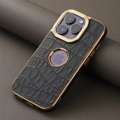 iPhone 15/14/13/12 Series Top Layer Alligator Pattern Cowhide Electroplated Border Anti Drop Genuine Leather Phone Case（Black）