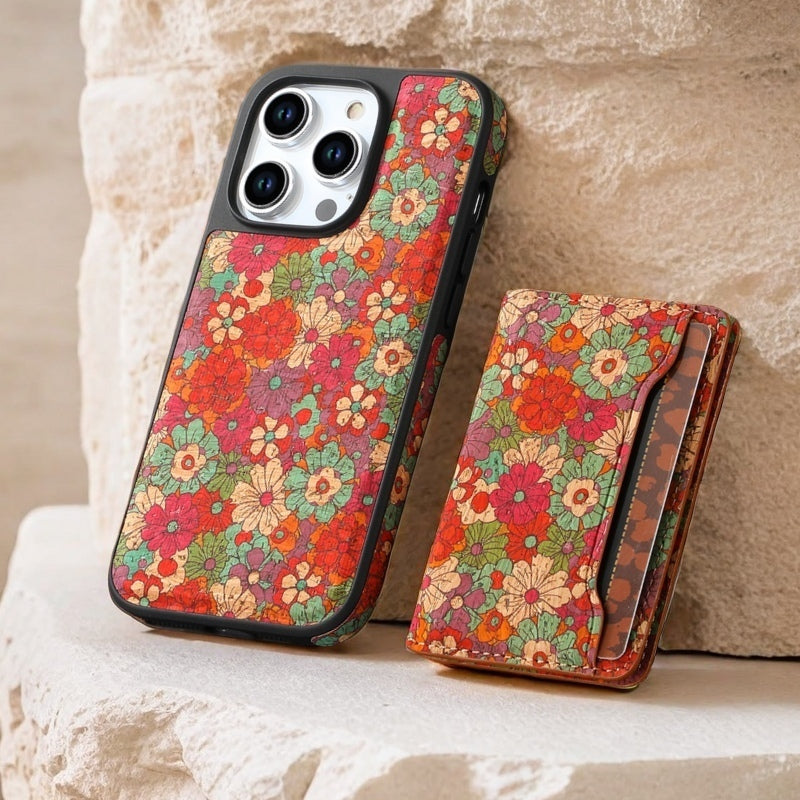 Wooden magnetic pluggable phone case & Card Bag（Red）