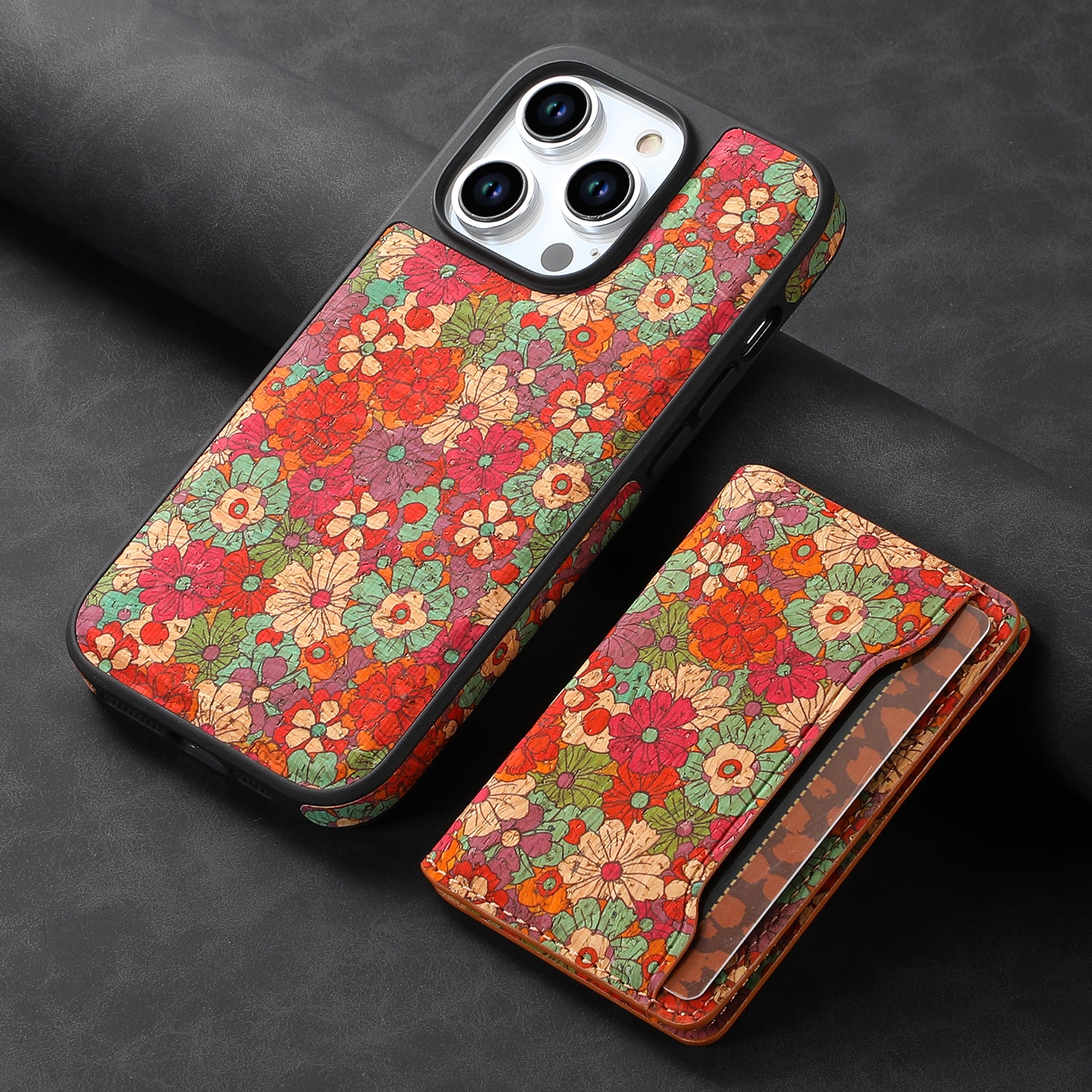 Wooden magnetic pluggable phone case & Card Bag（Red）