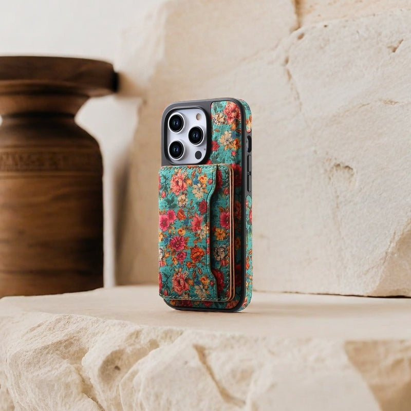 Wooden magnetic pluggable phone case & Card Bag（Blue)