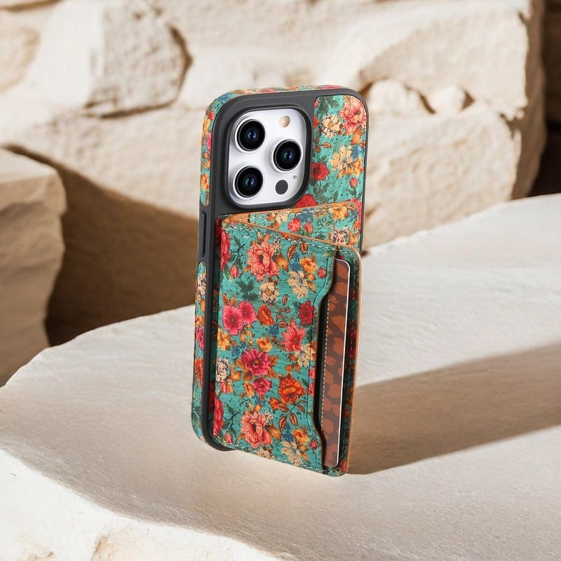 Wooden magnetic pluggable phone case & Card Bag（Blue)