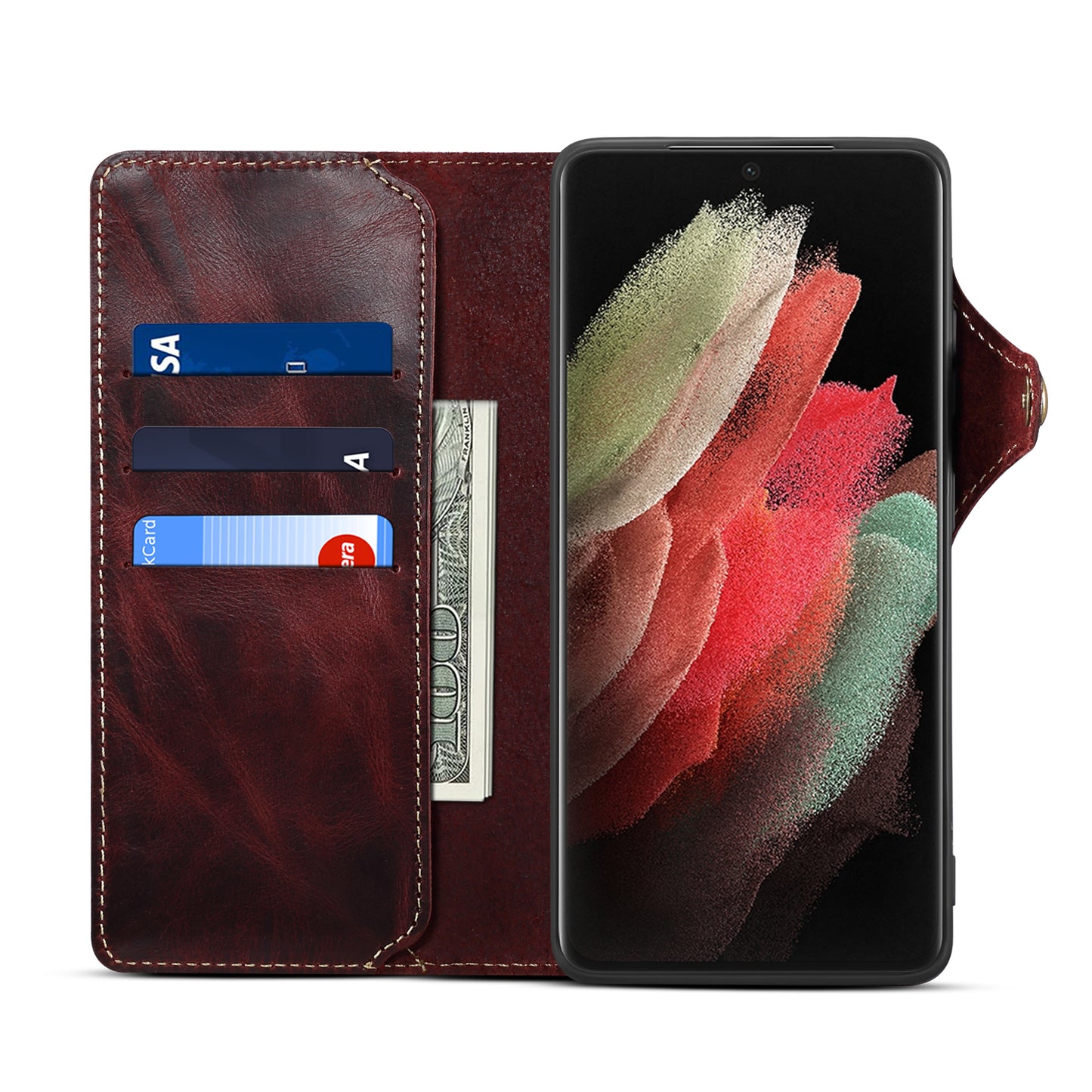 Genuine Leather Oil Wax Cowhide Button Wallet Phone Case (For Samsung)