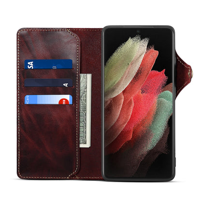 Genuine Leather Oil Wax Cowhide Button Wallet Phone Case (For Samsung)
