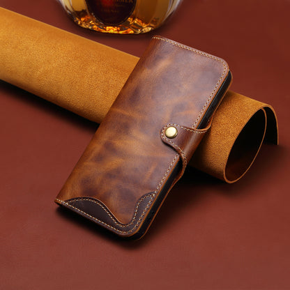 Genuine Oil Wax Cowhide Button Stand Wallet Phone Case
