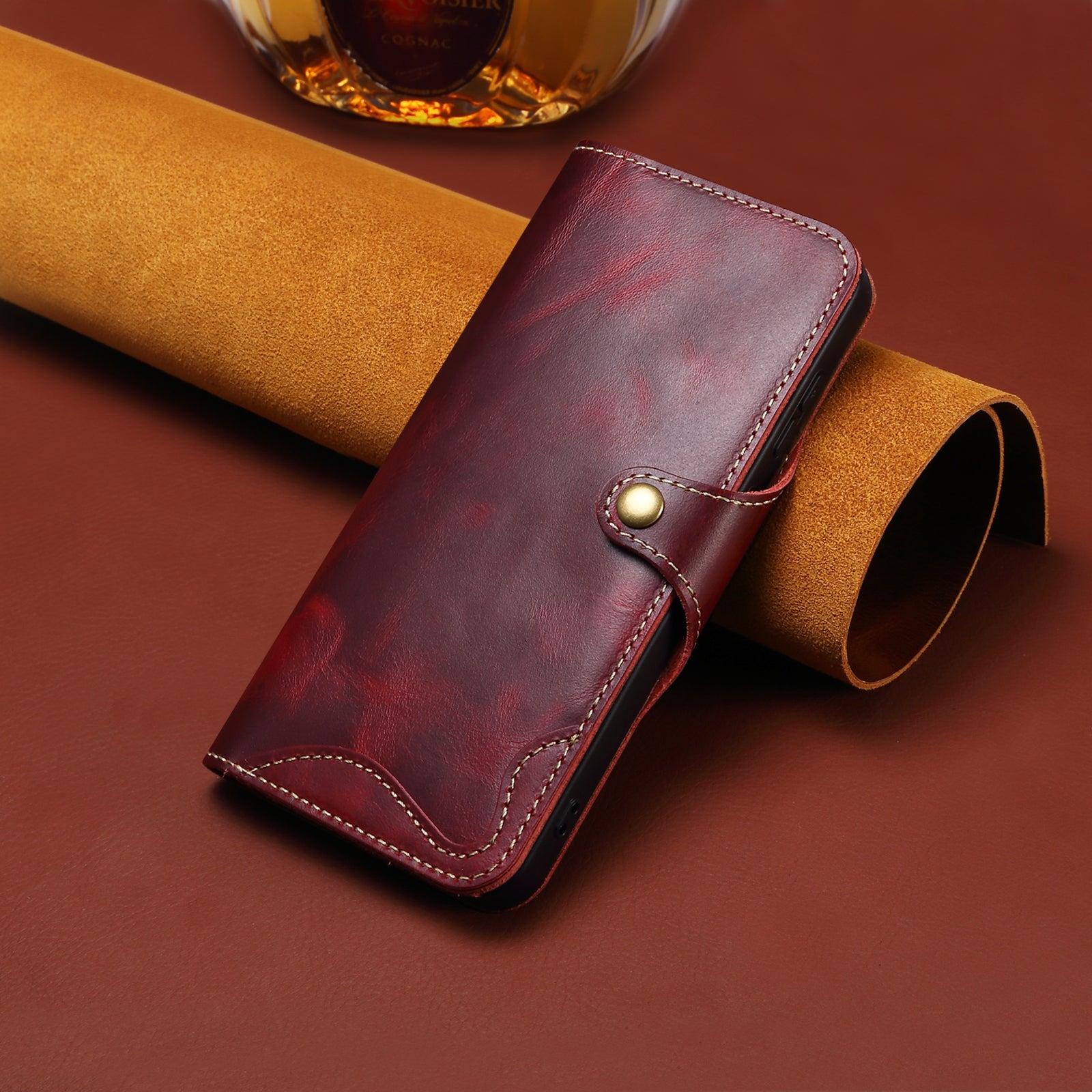iPhone 13/12 Min/11/7/8 Plus/Xs Max Series Genuine Leathe Multi Functional Card Insertion Flip Wallet Holder Phone Case（Red）