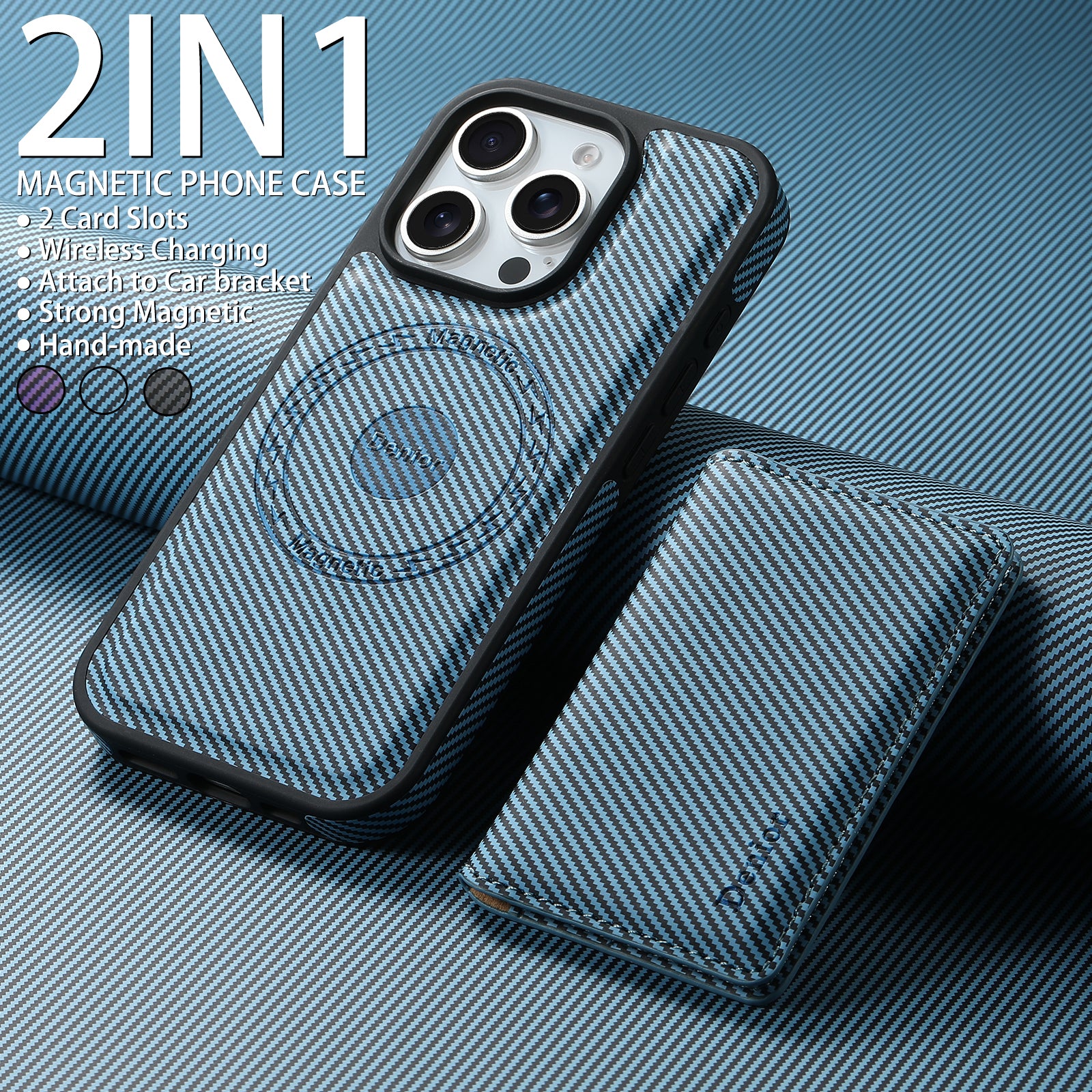 Charcoal fibre Magnetic Case & Card Bag（Blue）