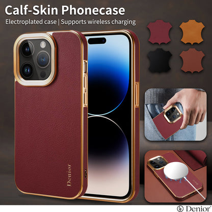 iPhone 15-12 Series Top Layer Cowhide Electroplated Border Anti Drop Genuine Leather Phone Case（Red）