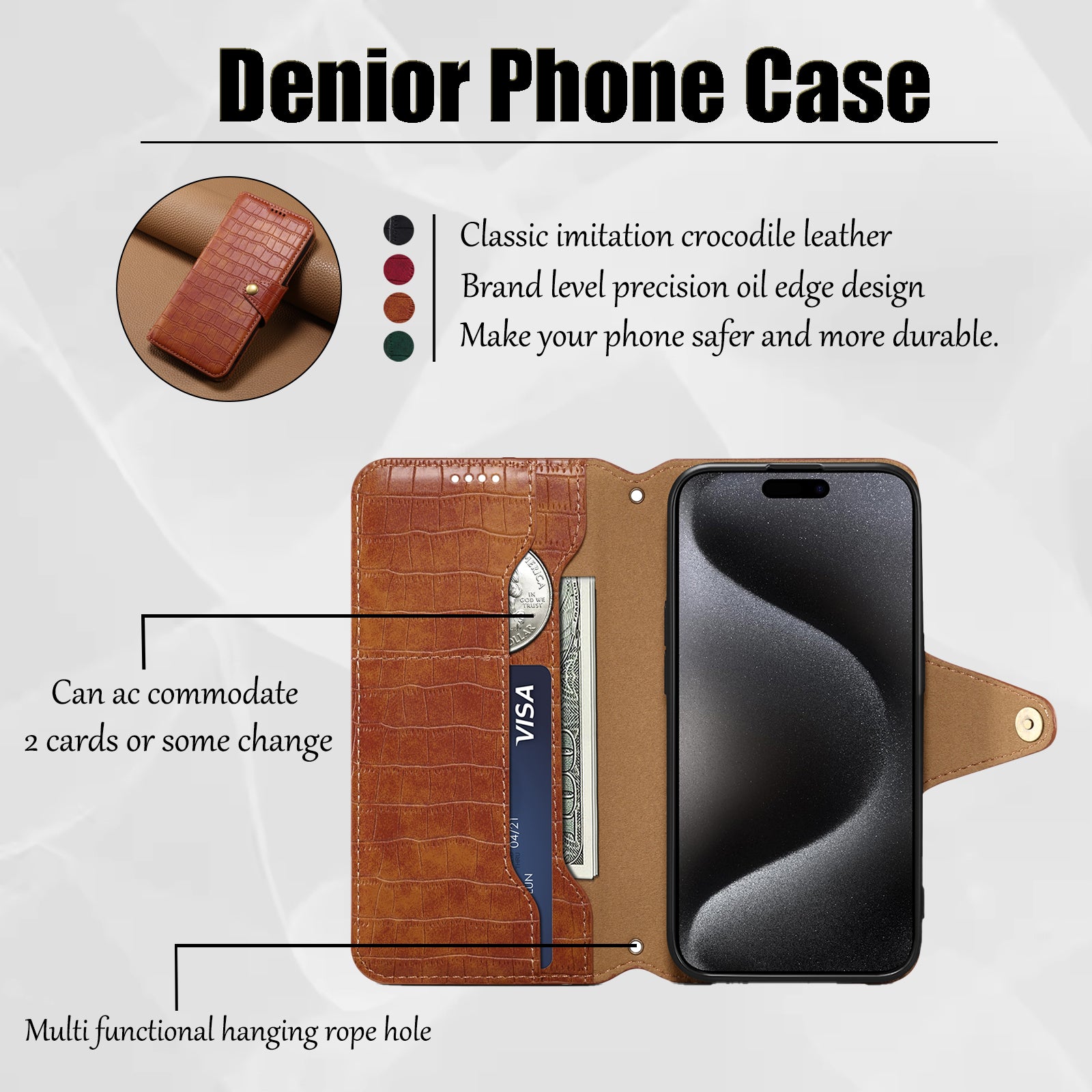 Crocodile PU Leather iPhone Cover Wallet Phone Case（Brown）