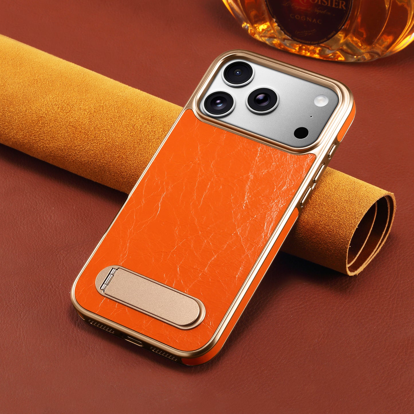 Genuine Leather In-line Stand Magnetic Electroplated Phone Case