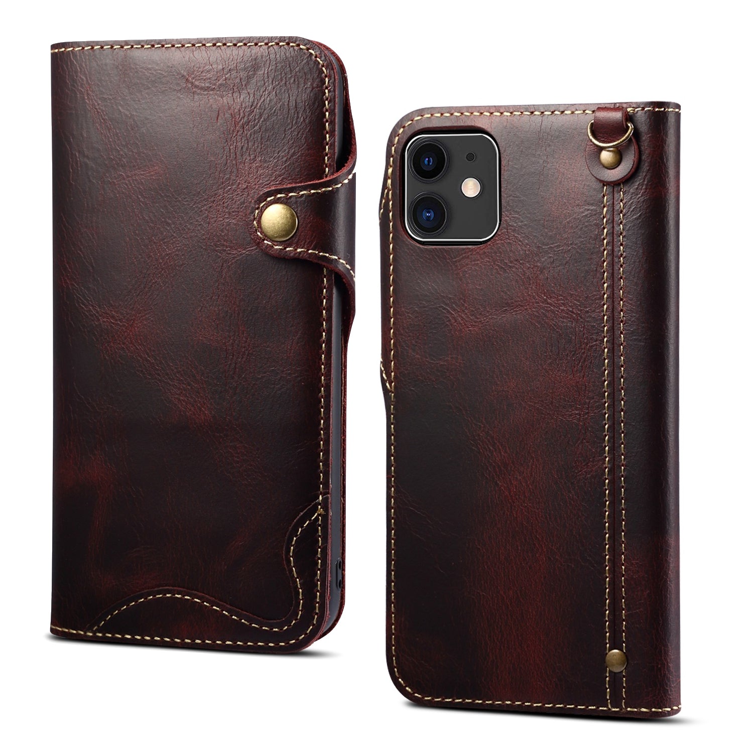 iPhone 13/12 Min/11/7/8 Plus/Xs Max Series Genuine Leathe Multi Functional Card Insertion Flip Wallet Holder Phone Case（Red）