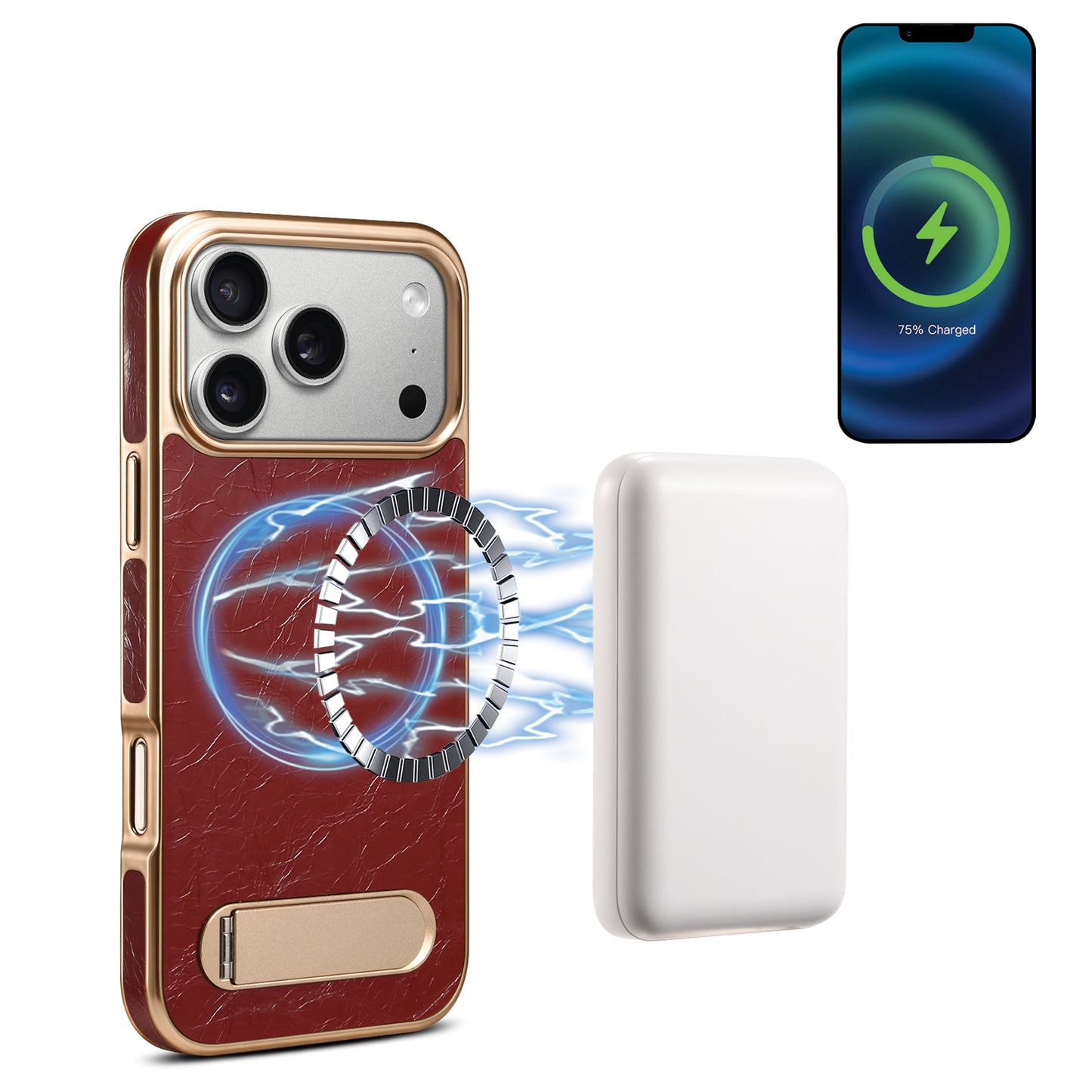 Genuine Leather In-line Stand Magnetic Electroplated Phone Case