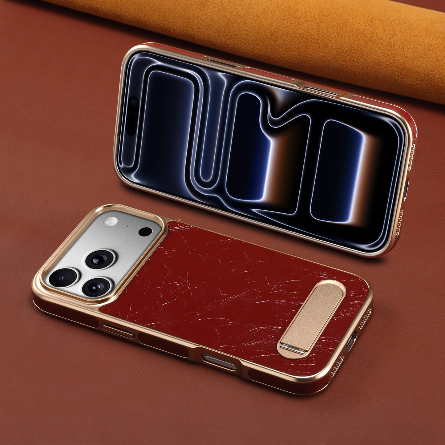 Genuine Leather In-line Stand Magnetic Electroplated Phone Case