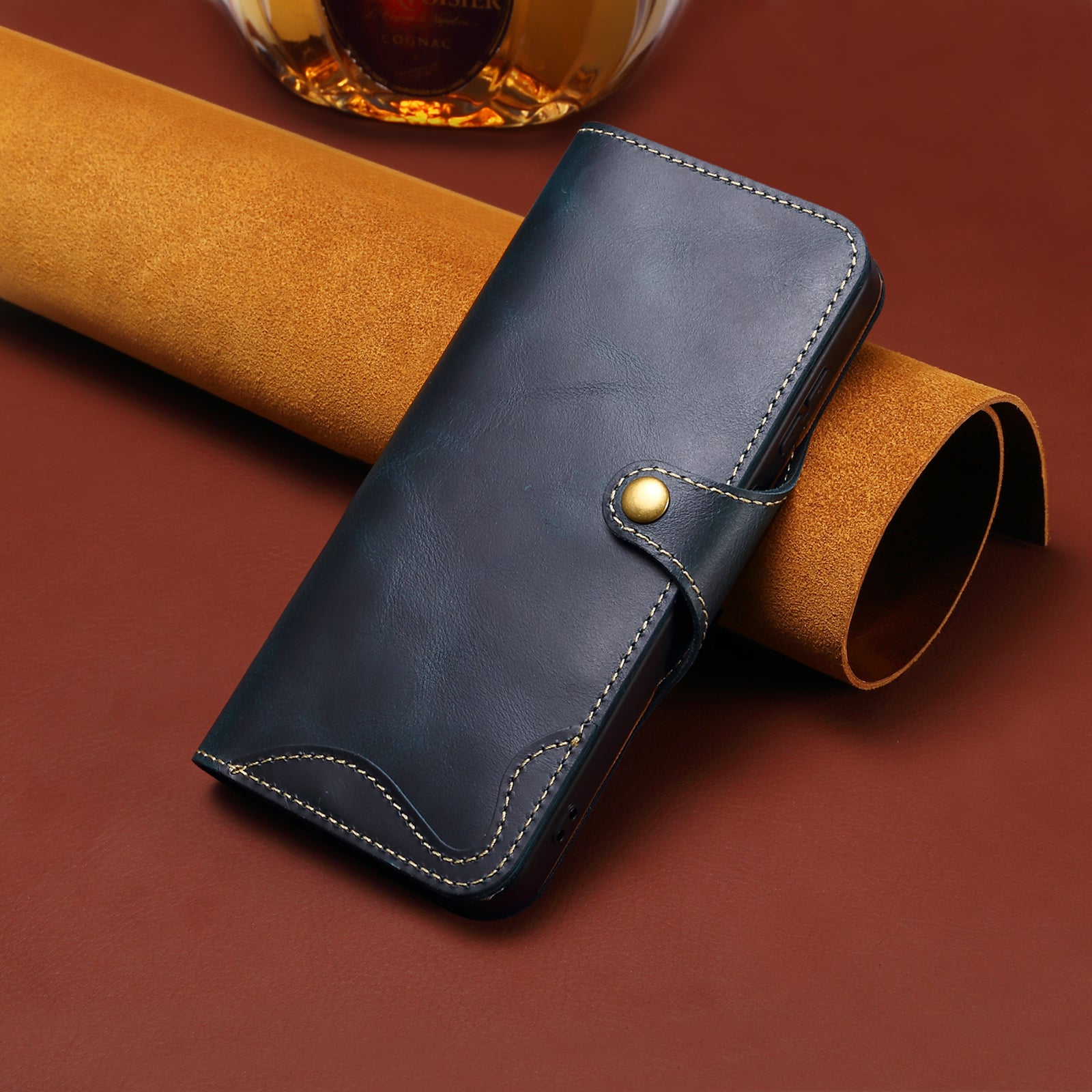 iPhone 13/12 Min/11/7/8 Plus/Xs Max Series Genuine Leathe Multi Functional Card Insertion Flip Wallet Holder Phone Case（Blue）