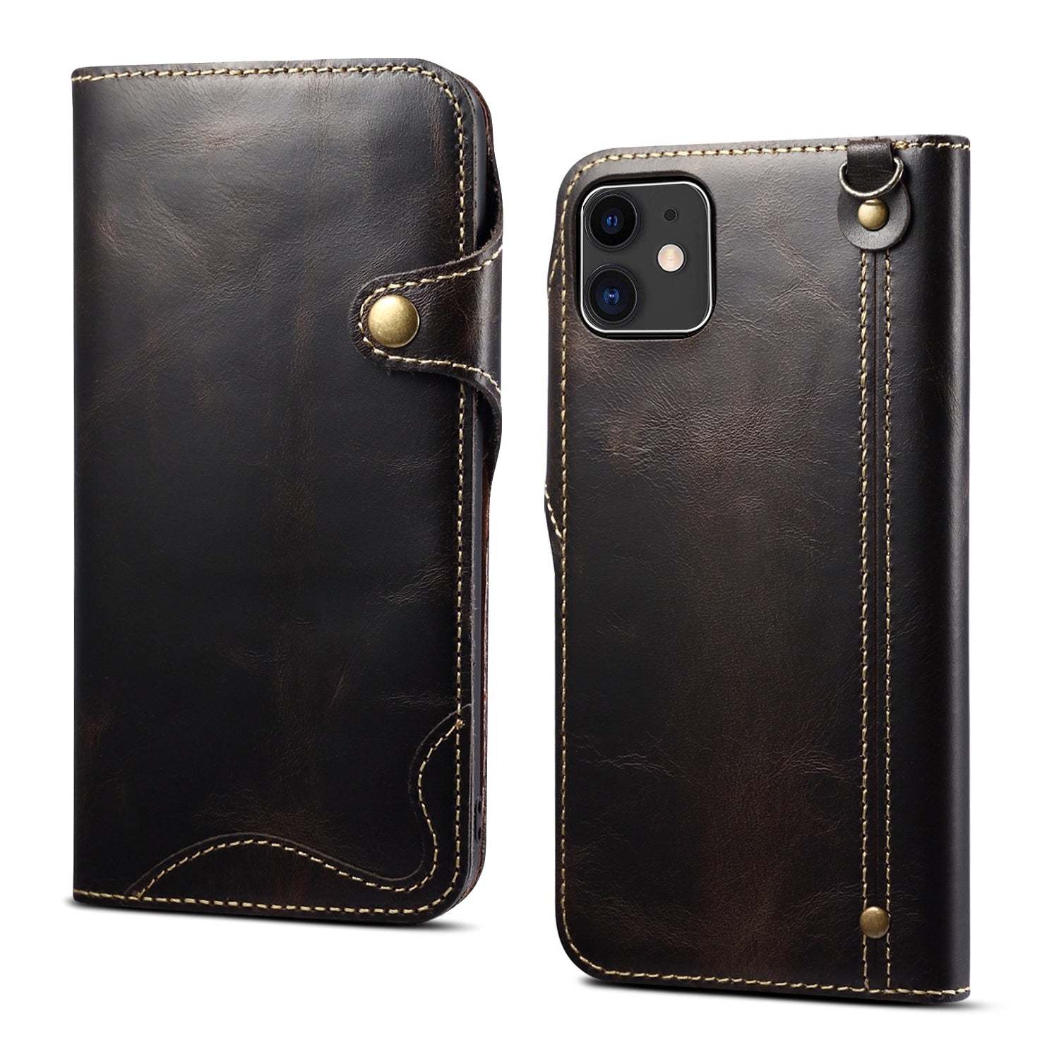 iPhone 13/12 Min/11/7/8 Plus/Xs Max Series Genuine Leathe Multi Functional Card Insertion Flip Wallet Holder Phone Case（Black）