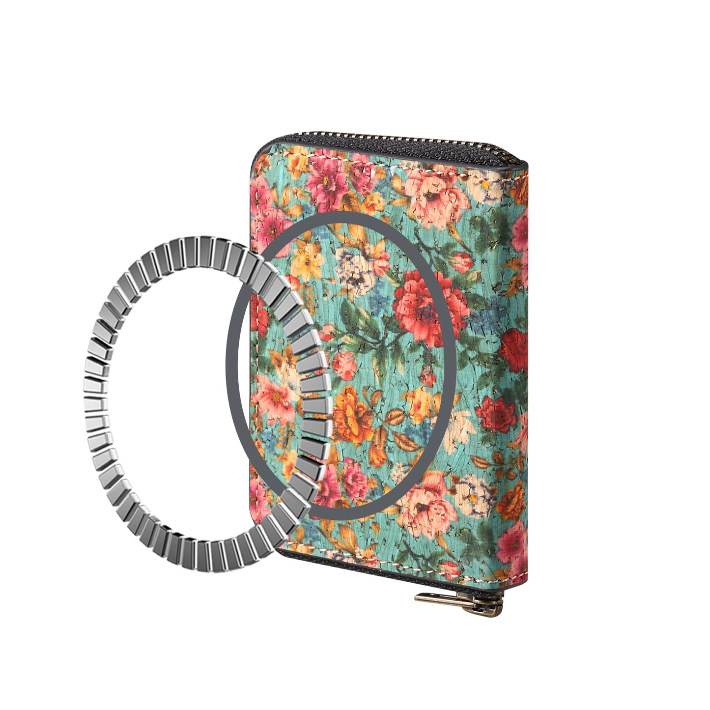 Cork Flower Magnetic Zipper Card Holder