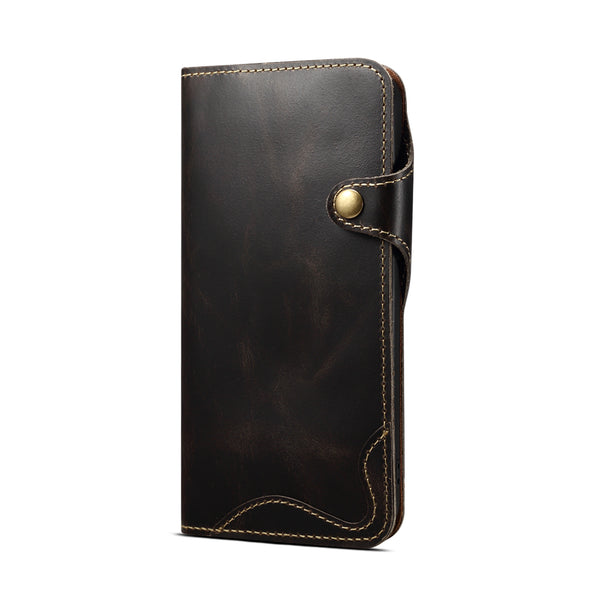 Genuine Oil Wax Cowhide Button Stand Wallet Phone Case