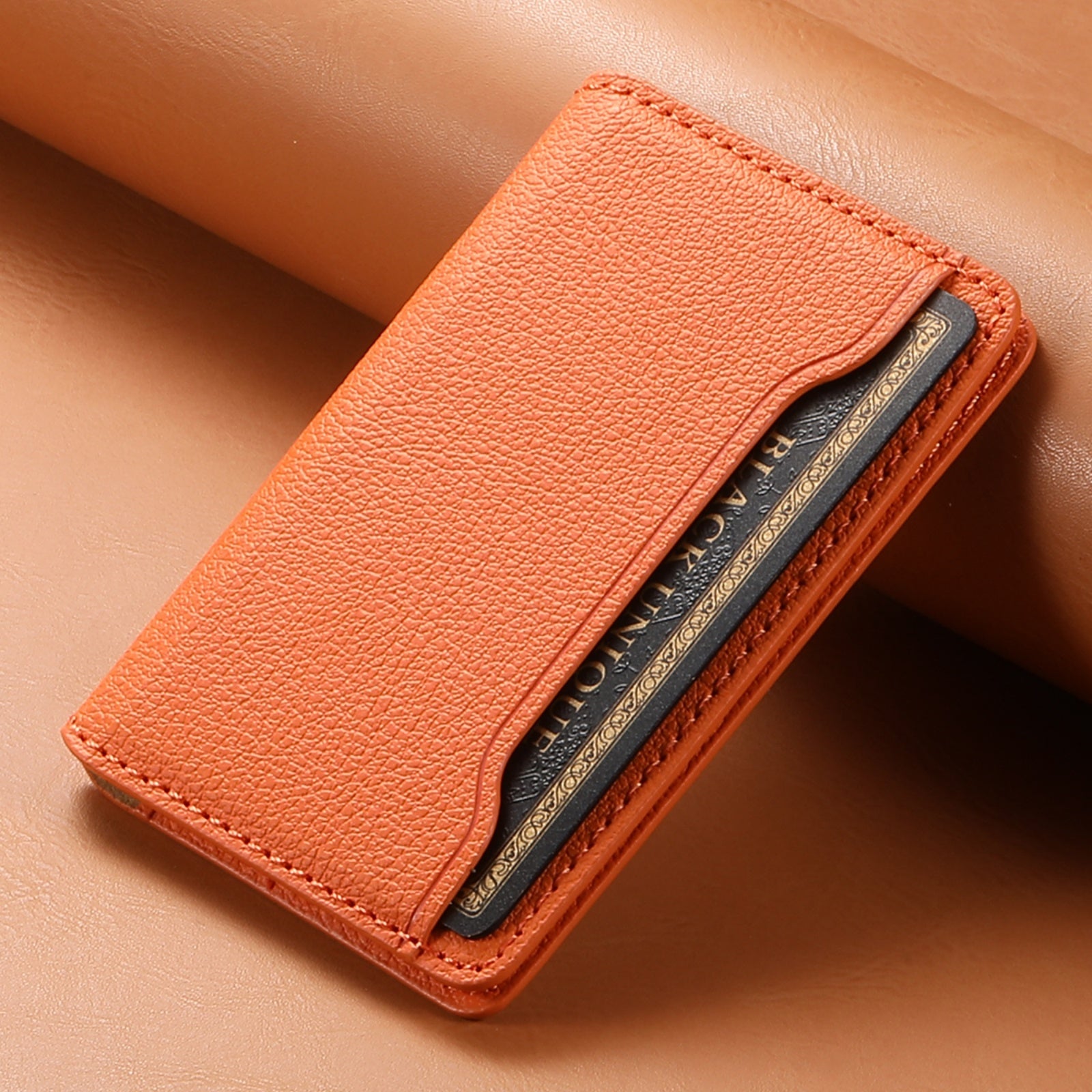Litchi patterned Leather Bracket Ultra-Thin Credit Card Bag（Orange）