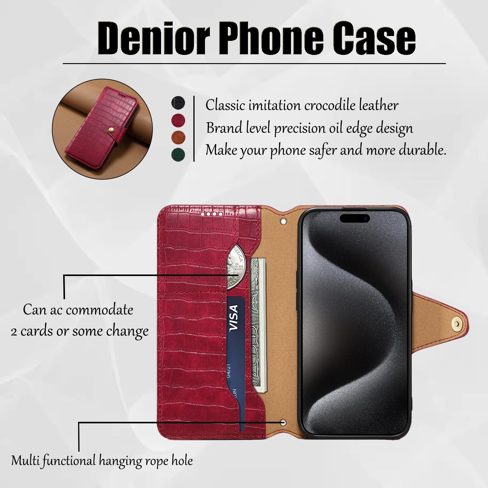 Crocodile PU Leather iPhone Cover Wallet Phone Case（Red）