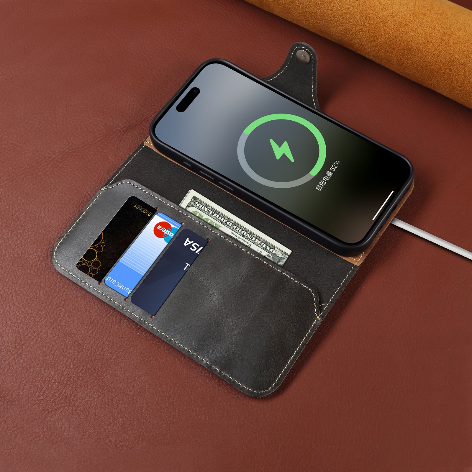 iPhone 17 Series Genuine Leathe Multi Functional Card Insertion Flip Wallet Holder Phone Case（Black）