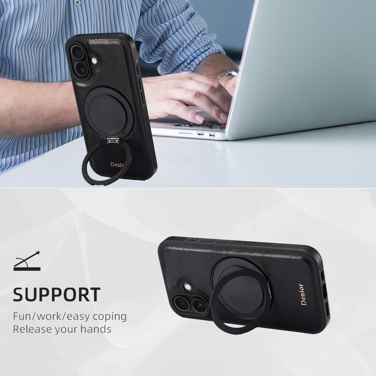 Genuine Leather 360° Rotating Gear Stand Phone Case