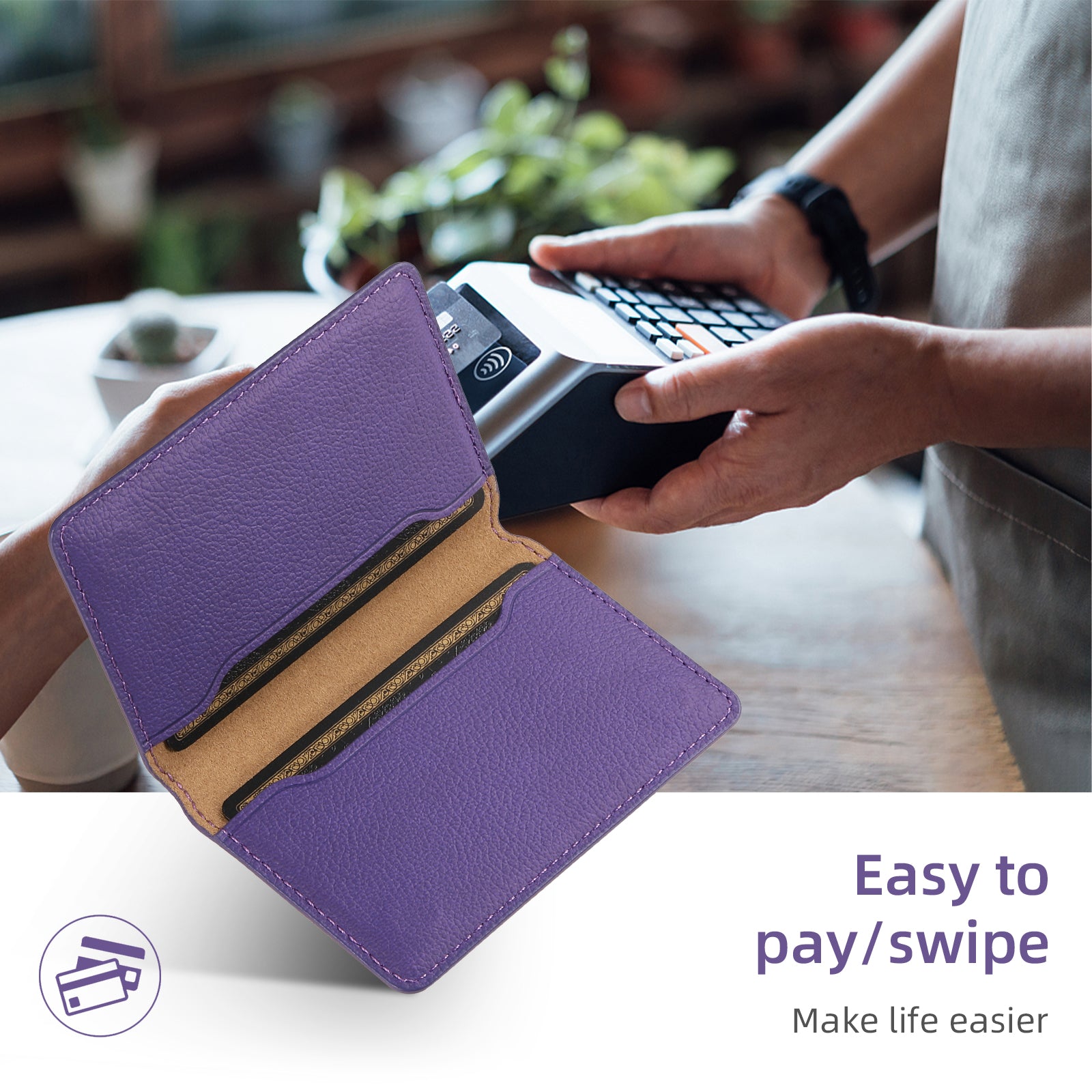 Litchi patterned Leather Bracket Ultra-Thin Credit Card Bag（Purple）