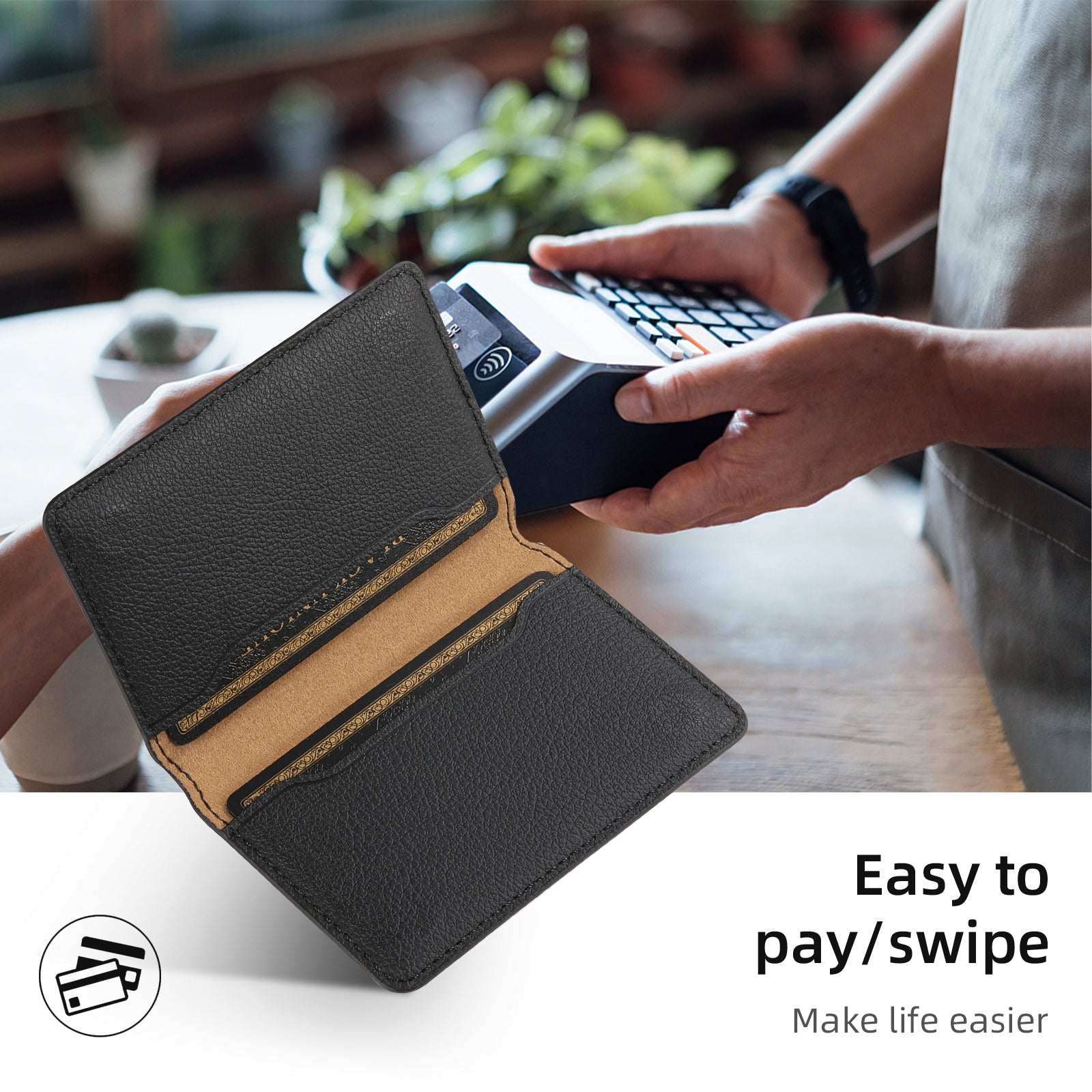 Litchi patterned Leather Bracket Ultra-Thin Credit Card Bag（Black）