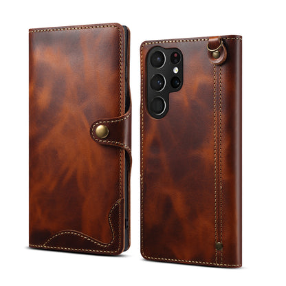 Genuine Leather Oil Wax Cowhide Button Wallet Phone Case (For Samsung)