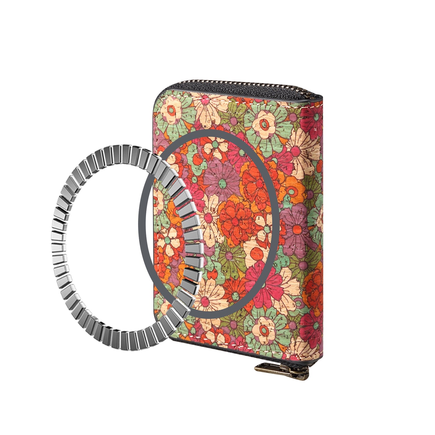 Cork Flower Magnetic Zipper Card Holder