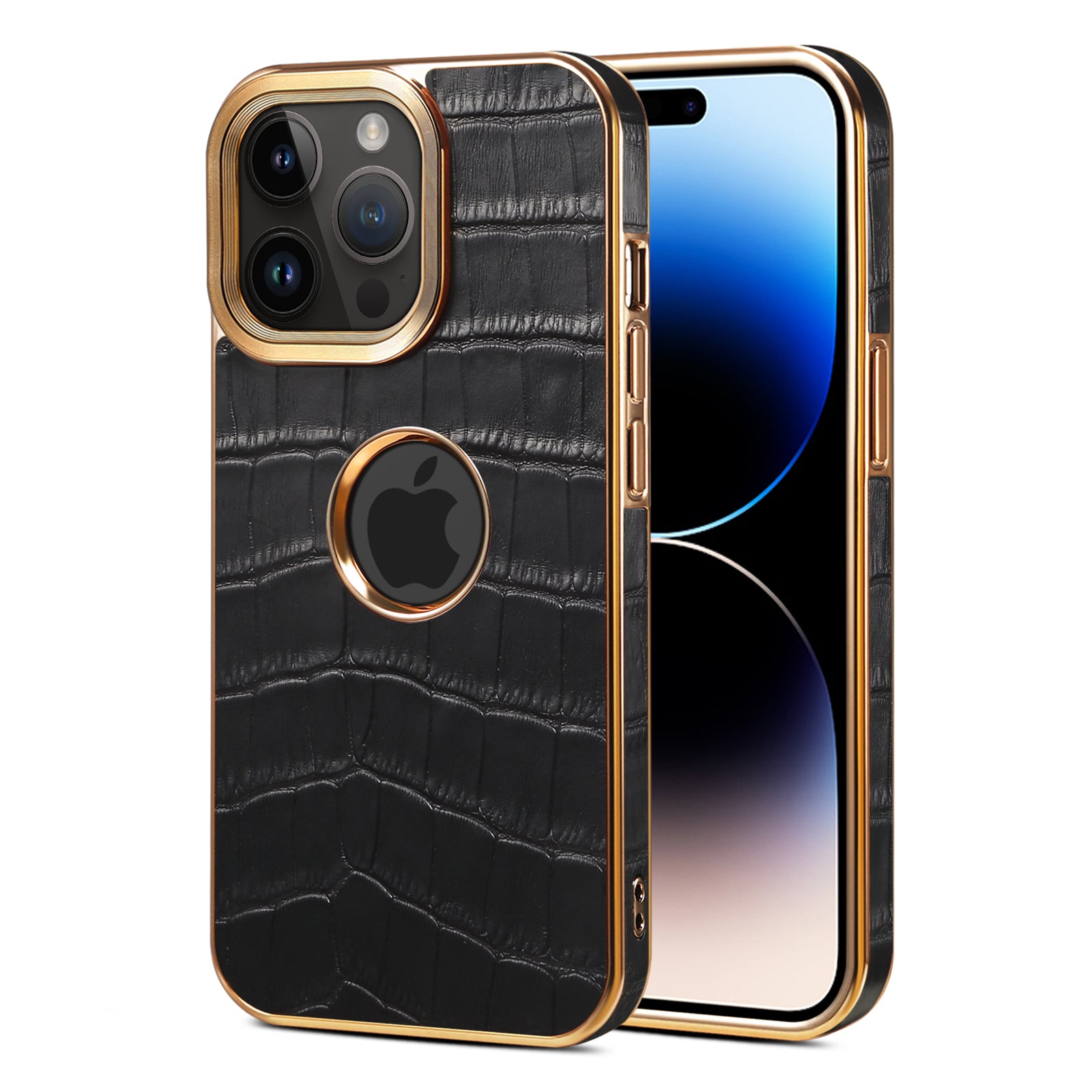 iPhone 15/14/13/12 Series Top Layer Alligator Pattern Cowhide Electroplated Border Anti Drop Genuine Leather Phone Case（Black）