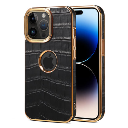 iPhone 15/14/13/12 Series Top Layer Alligator Pattern Cowhide Electroplated Border Anti Drop Genuine Leather Phone Case（Black）