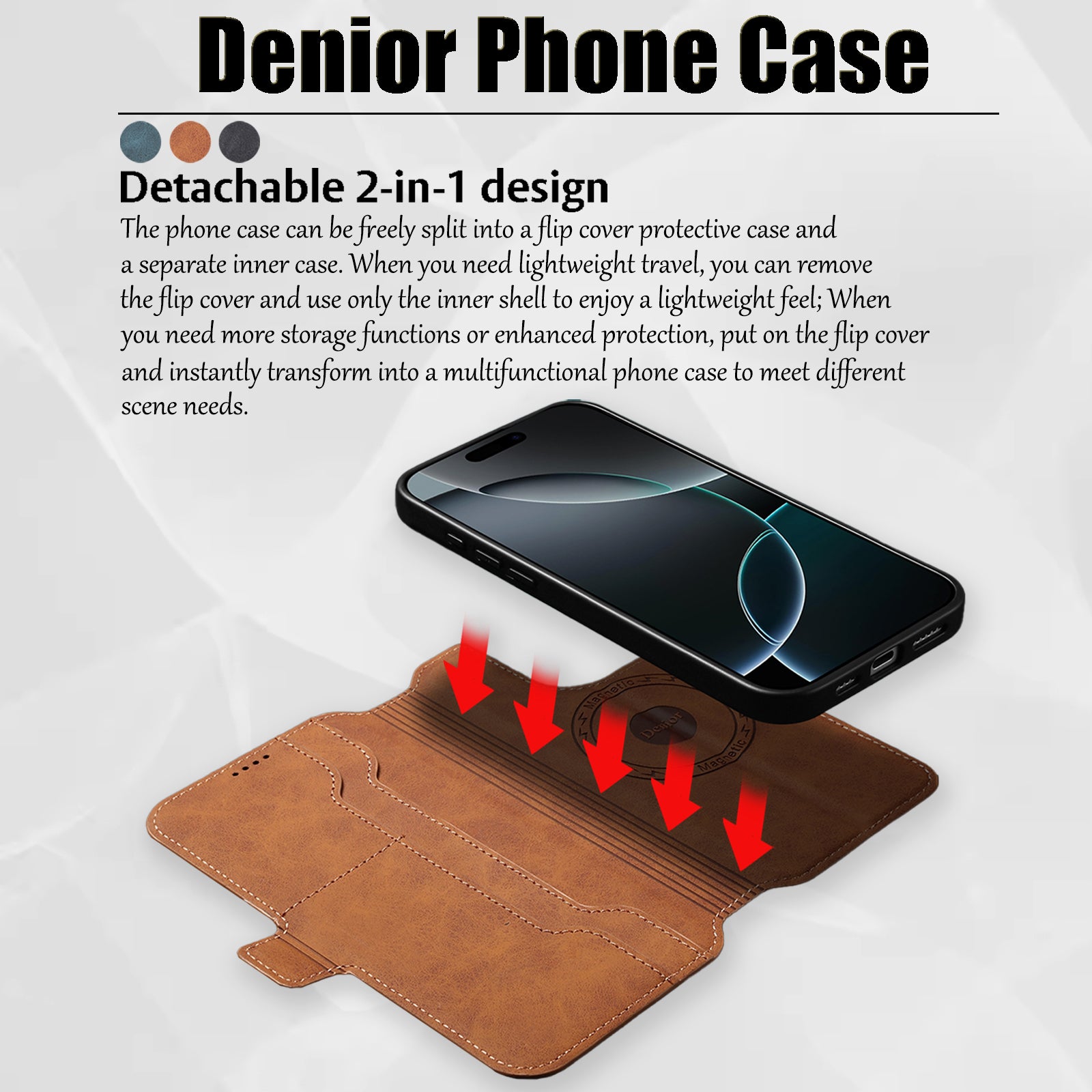 2IN1 Detachable Magnetic iPhone Phone Case & Card Pocket（Brown）